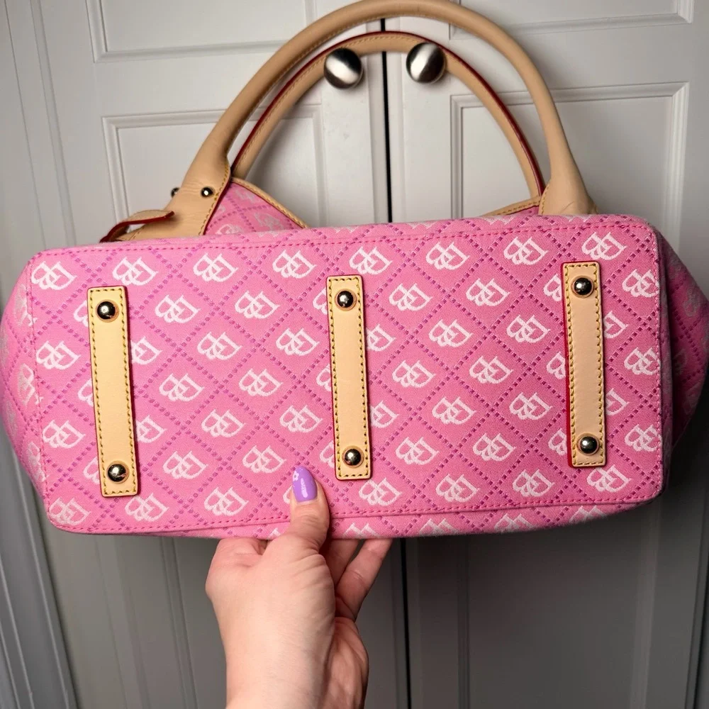Dooney & Bourke Pink DB Monogram Canvas Satchel Leather Trim Hook Closure - Picture 6 of 11
